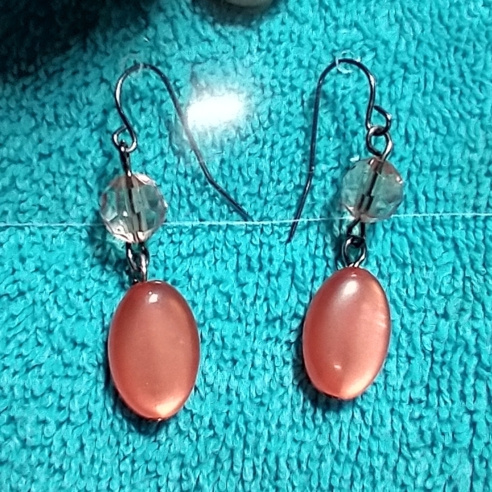 Wire dangle silvertone orange clear faceted beaded earrings